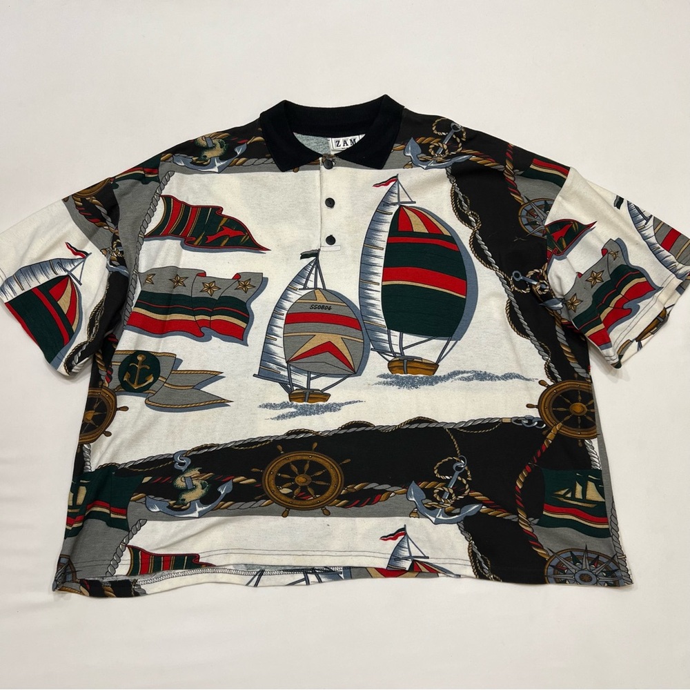 Vintage 90s ZAM Short Sleeve Polo Shirt Nautical Theme Yacht Boat Men's XL